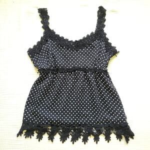 Apt. 9 Womens 14 Black Polka Dot Babydoll Tank Top Lace Trim Sheer Y2K Twee
